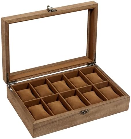Uten Wooden Watch Case 10 Slot, Watch Jewelry Display Box with Glass Lid - Image 7