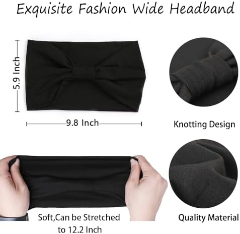 XTREND 4 Packs Wide Headbands Fashion Bandana Bohemian Style Elastic Knotted Non-Slip Headband Black Women Outdoor Sports Yoga Sweat Absorbent Solid Color Hair Accessories (Black Series) - Image 2