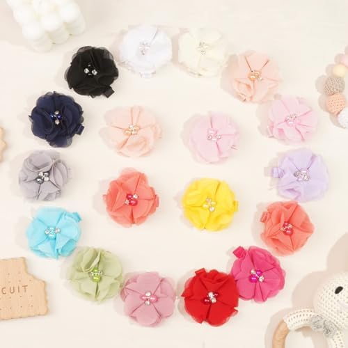 DED 30PCS 2" Chiffon Flower Hair Bows Clips with Rhinestone Pearl for Kids - Image 4