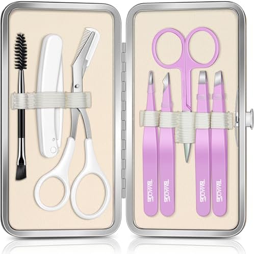 TsMADDTs Eyebrow Tweezers, 8 in 1 Tweezers Set for Women Facial Hair, Eyebrow Trimmer Scissors, Professional Shaping Grooming Kit by TsMADDTs
