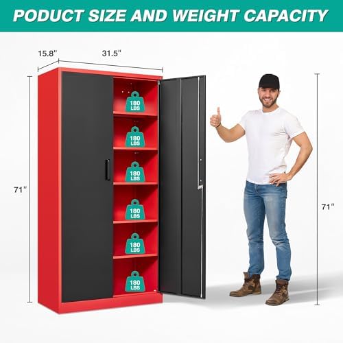 6 Tier Garage Storage Cabinet with 5 Adjustable Shelves,Metal Storage Cabinet with Lock,Red Black Metal Cabinet with Locking Doors,Steel Locker,71" Lockable Storage Cabinets for Home,Office,Garage - Image 3