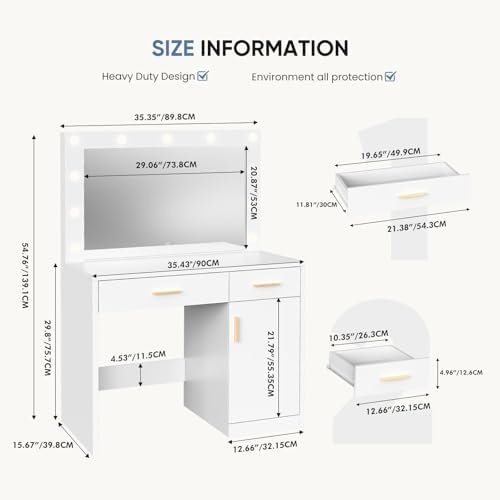 DUMOS 35" Large Vanity Desk with 11 LED Bulbs Mirror & Charging Station - Image 2