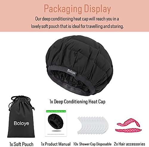 Flaxseed Deep Conditioning Heat Cap - Boloye Cordless 100% Safe Microwave Hot Cap for Natural Curly Textured Hair Care, Drying, Styling, Curling, Universal size (10 PCS One-time shower cap) (Black) - Image 7