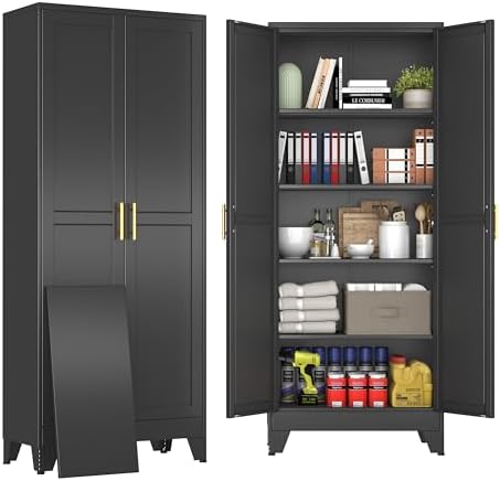 71" Black Metal Storage Cabinet with 2 Doors and 4 Adjustable Shelves,Steel Garage Tool Cabinet, File Cabinet,Kitchen Pantry Cabinet for Home,Office,Garage,School,Warehouse by BAOLIWO
