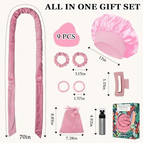 Gwabee No Heat Overnight Curl Headband, 70" Soft Ribbon Curl Wrap for Long Hair - 9 PCS Rods Set with Bonnet, Pink - Image 5