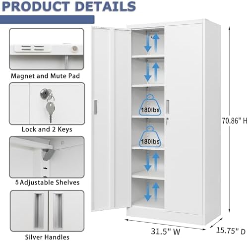Wanfu Metal Storage Cabinet, 71”H Locking Storage Cabinet with 5 Adjustable Shelves, Steel Cabinets for Garage, Home, Office, Pantry (White) - Image 3