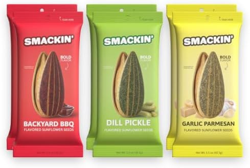 SMACKIN' - Jumbo Roasted Sunflower Seeds, No Salty Burn, American Made, Easy Pour & Seal - Variety Pack (Backyard BBQ, Dill Pickle, and Garlic Parmesan), 1.5oz bags (6 Bags) by SMACKIN