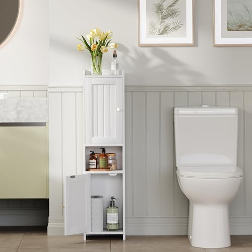 Bathroom Cabinet with 2 Doors, 7.3 x 9.8 x 40.4 Inches, Small Freestanding Storage Cabinet with Adjustable Shelf, Floor Cabinet for Small Spaces, Bathroom, Entrances, Kitchen, White - Image 2