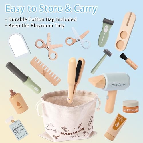 FIIOEOY Wooden Barber Shop Pretend Play Set, Kids Hair Salon Toys Shaving Kit with Blow Dryer, Comb, Shaver, Haircut Role Play Barber Accessories Gift for 3 4 5 Year Olds Boys Girls - Image 3