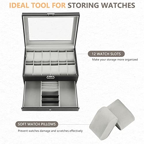 MYFULLY 2-Layer Watch & Jewelry Box with Drawer, PU Leather Display Case - Image 4