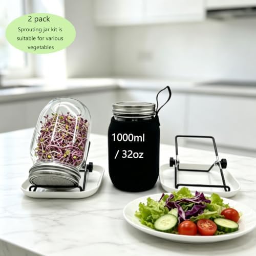 2Pack Sprouting Kit,1000ml Sprouting Jar with Mesh Lids and Stands, Microgreens Sprouts Growing Kit, Broccoli Sprouts Growing Kit Jars with Screen Lids,Blackout Sleeves, Tray - Image 4
