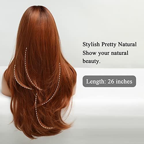 HAIRCUBE Long Auburn Wig with Bangs Layered Curly Orange Wigs for Women Natural Synthetic Wigs for Daily Use (pelucas de cabello natural) - Image 4