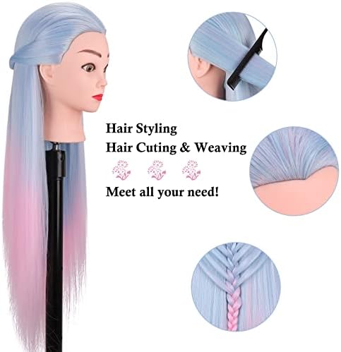 Mannequin Head, TopDirect 29'' Hair with Synthetic Manikin Head Practice Cosmetology Doll Styling Hairdressing Training Braiding Clamp Holder & Tools for Kids Girls, Blue & Pink - Image 3