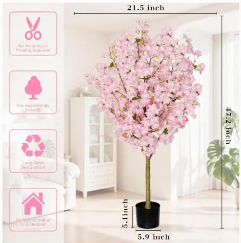 Artificial Cherry Blossom Tree, 4FT Tall Faux Pink Flower Tree with Black Pot, Realistic Silk Blossom Plant for Home Living Room Office Patio Decor, Indoor Outdoor Fake Floral Tree for Wedding Party - Image 2