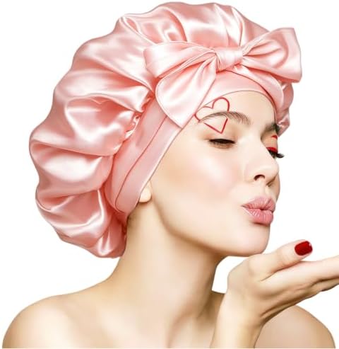 VECIIR Silk Bonnet for Sleeping Women，Hair Bonnet for Sleeping Silk Night Cap for Curly/Natural Hair Skin Snowbud Pink, Large by CraftedforExcellence
