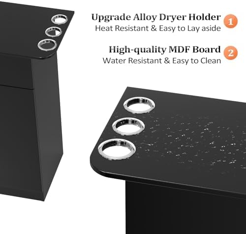 OmySalon Salon Station Barber Storage Cabinet, Free Standing Beauty Hair Stations, Beauty Salon Spa Equipment Hair Styling Utility Unit with 1 Drawers, 1 Storage Cabinet, 6 Hair Dryer Holders, Black - Image 6
