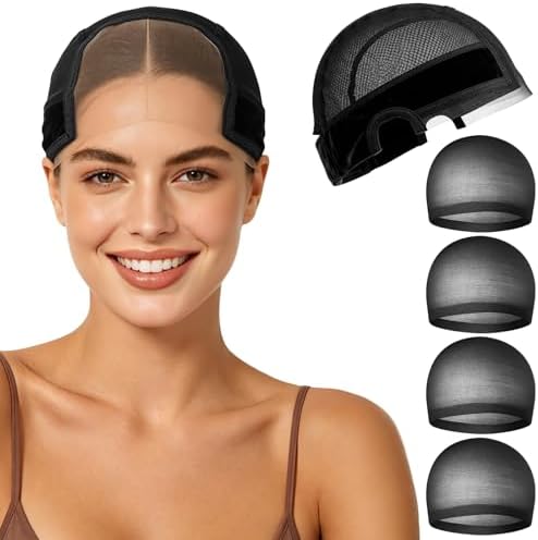 MEEZY Black Lace Wig Grip Cap with 4 Pcs Stocking Hairnets for Women, Non-Slip Wig Caps with Grip Band for Lace Front Wig, Adjustable Elastic Headband Accessories for Secure Hold by MEEZY