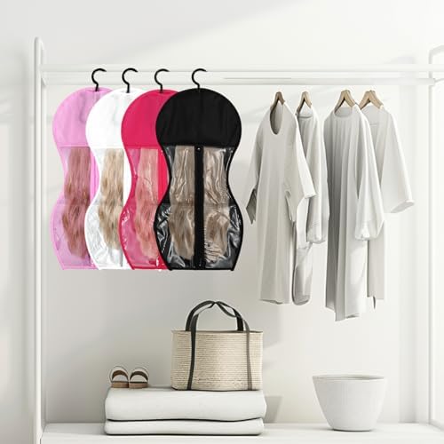 FYSUIMU 12Pcs Wig Storage Bag with Hanger Hair Extension Storage Dust Proof Portable Wig Organizer for Multiple Wigs Travel Home Closet (White, Black, Pink, Hot Pink) - Image 5