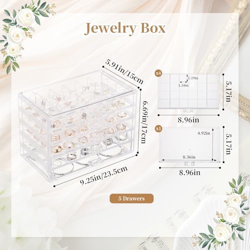 Ewen 5 Drawer Large Jewelry Organizer Box, Clear Acrylic 24-grid Jewelry Storage Boxes with Empty Jewelry Tray, Display Case for Rings, Necklaces, Bracelets and Hair Accessories, Gift for Mother Wife - Image 2