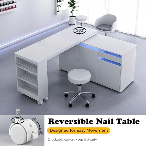 L-Shaped Manicure Table with Large Storage & LED Light (White) - Image 6