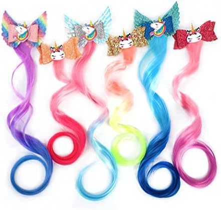 6-Colors Unicorn Hair Bows Clips Hair Accessories For Girls Kids Glitter Braided Curly Gradient Color Wig Hair Extensions（6PCS) by xuxisowo