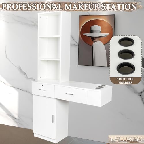 Barber Station Wall Mount Styling Stations for Salons with Cabinets Salon Station for Hair Stylist with Lockable Drawers Salon Cabinet with 3 Shelves Styling Hairstylist Station (White) - Image 4