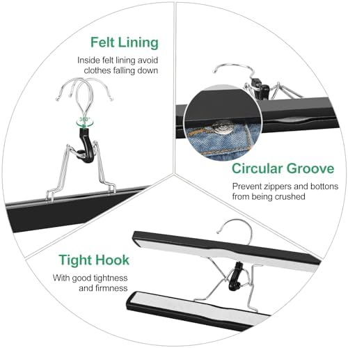 TOPIA HANGER 12 Pack Wooden Pants Hangers, Hair Extension Hangers Non Slip Skirt Hanger Wood Clamp with Velvet Padded 360° Swivel Hook for Jeans, Skirts, Trousers, Wigs CT67B - Image 6