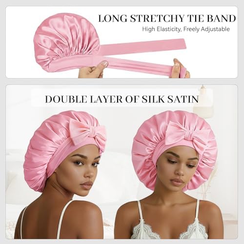 Silk Bonnet for Sleeping Satin Hair Bonnet Double Layer Adjustable Sleep Cap with Elastic Tie Band - Image 5