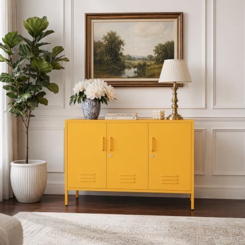 47.5" Wide Yellow Metal Storage Cabinet with Lock and Ventilated Doors, 2 Adjustable Shelves, Heavy Duty Home Metal Accent Locker for Kitchen Office Living Room Hallway - Image 7