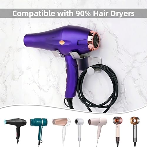 Hair Dryer Holder, Dyson Hair Dryer Holder, Blow Dryer Holder with Cord Hook SUS304 Stainless Steel Wall Mount, Self Adhesive/Screw Space Saving Hairdryer Holder for Bathroom Silver - Image 2