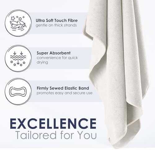 SimpleField Large Microfiber Hair Towel Wrap (27x40 Inches) for Women, Anti-Frizz Flat Rectangle Drying Towel with Full Hair Coverage Design, Elastic Band for Long, Curly and Thick Hair (Beige) - Image 3