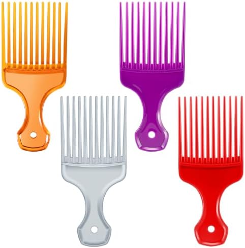 SIMPOR 4 Pcs Hair Pick Comb Wide Tooth Lift for Hair Styling Detangling, Plastic Afro Pick for Women Men, Fist Picks for Curly and Afro Hair (Purple, Silver, Clear Orange, Red) by SIMPOR
