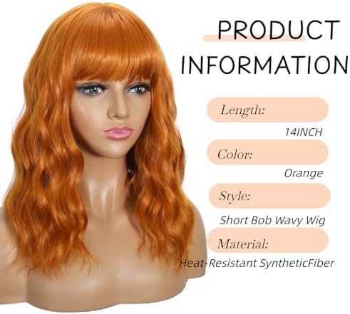 Sebast Pastel Bob Wigs with Bangs for Women Loose Wavy Wig Pastel Wavy Shoulder Length Bob Synthetic Cosplay Wig for Girl Colorful Costume Wigs (Orange) - Image 2