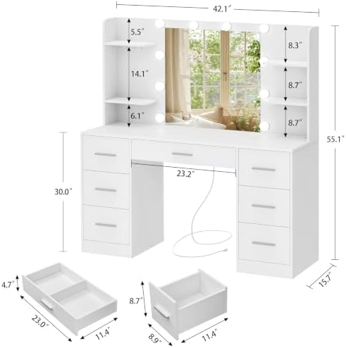 Quimoo Large Vanity Desk with LED Lighted Mirror & Power Outlet,Makeup Vanity Table with 7 Drawers,4 Shelves and 5 Hooks,Vanity Table, Vanity Desk Set for Bedroom,Bathroom,White - Image 6
