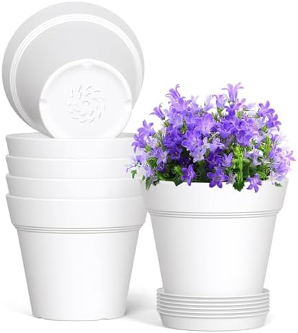 WSMKSZ 7 Inch Thick Plastic Plant Pots with Drainage Holes and Trays – 6 Pack Nursery Pots for Indoor & Outdoor House Plants, Seedling Starter Planters for Garden Flowers, White by WSMKSZ