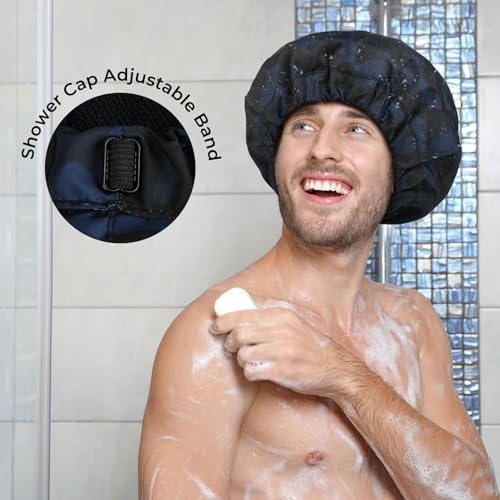 Shower Cap for Men Blue Camouflage Bath Cap, Reversible Large Waterproof Adjustable Shower Caps Terry Lining & Elastic Band Stretch Hem Hair Hat - Image 4