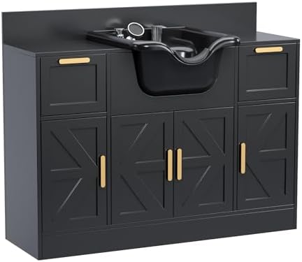 OmySalon Shampoo Bowl with Cabinet, Salon Hair Washing Station with Drawers, UPC Certified Faucet, Barber Station Backwash Sink for Beauty Salon, Spa, Black by OmySalon