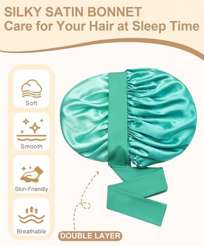 Satin Bonnet for Women Silk Bonnets for Sleeping Curly Hair Bonnet with Elastic Tie Band Reversible Double Layer Sleep Cap Hair Wrap (Blue+Green) - Image 4