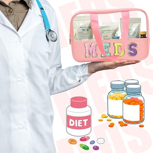 BuyCard Chenille Letter Bag Clear Meds Bag Preppy Makeup Bag Medicine Bags for Travel Zipper Pouch with Handle Nylon & PVC Waterproof Portable Cosmetic Bag Toiletry Organizer for Women Girls Pink - Image 6