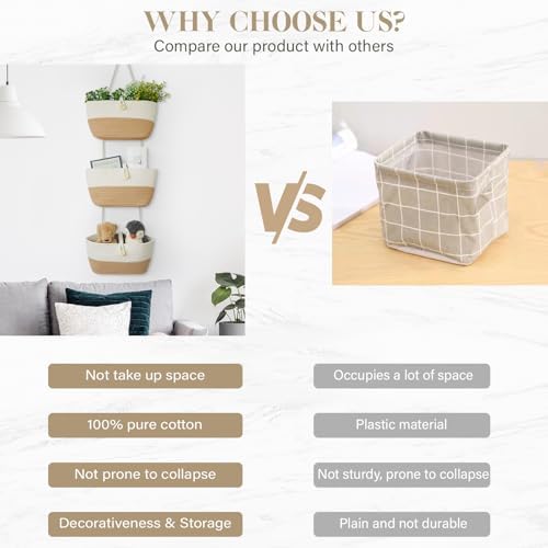 TeoKJ Over the Door Hanging Baskets with Wooden Button, 3-Tier Wall-Mounted Decorative Nursery Kitchen Baskets, White & Jute - Image 4