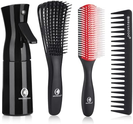 BRUSHZOO Detangler Brush with Hair Spray bottle 9 Row Brush Wide Tooth comb, Hair Brushes for Women Men Kids Curly 3/4abc Hair (Red) by Brushzoo