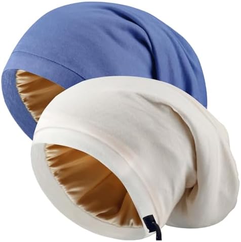 2 Pcs Adjustable Silk Hair Bonnet for Sleeping, Satin Lined Sleep Cap for Women and Men, Silk Hair Wrap Slouch Beanie. by Unknown