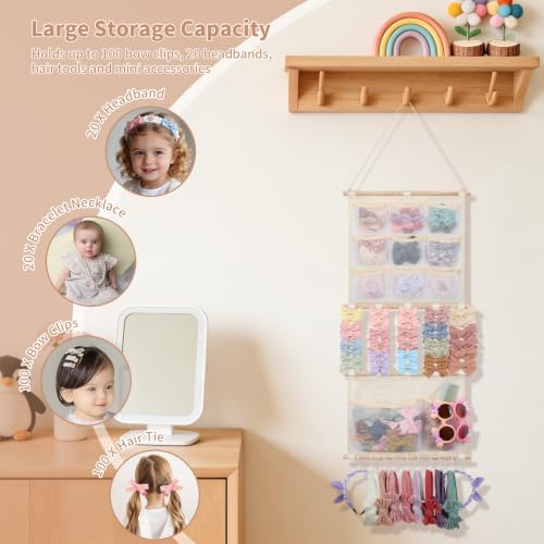 Bow Holder Hair Clip Organizer Headband Holder w/Mesh Pockets - Image 3