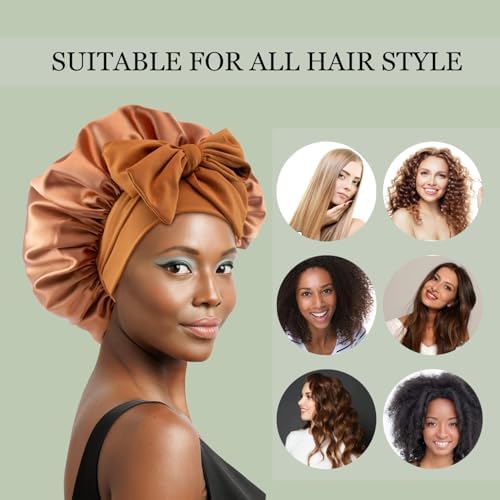 Satin Silk Hair Bonnet for Sleeping Large Bonnets with Tie Band Wrap with Adjustable Straps Night Sleep Caps for Women Curly Braid Hair Copper - Image 4