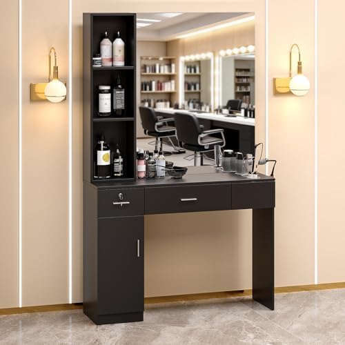 OmySalon Barber Station with Mirror, Hair Salon Station for Hair Stylist, Wall Mount Salon Beauty Spa Equipment with 3 Hair Dryer Holders & Open Shelves, 2 Drawers, 1 Storage Cabinet, Black - Image 2