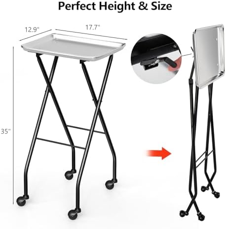 OmySalon Salon Tray on Wheels Folding Color Trays for Salon, Aluminium Tattoo Tray Rolling Trolley Cart Mobile Hair Cart for Cosmetology Stylist Hairdresser, Beauty Spa Service Storage Station - Image 6