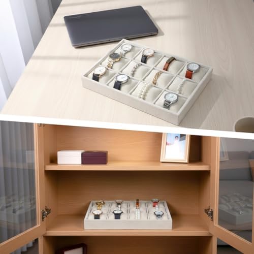 2 Pack 12 Grid Velvet Watch Tray Organizer with Removable Pillows - Stackable Bracelet & Bangle Display Holder for Drawer, Store, or Travel - Beige - Image 6