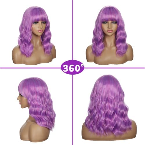 Sebast Pastel Bob Wigs with Bangs for Women Loose Wavy Wig Pastel Wavy Shoulder Length Bob Synthetic Cosplay Wig for Girl Colorful Costume Wigs (Lavender Purple) - Image 5