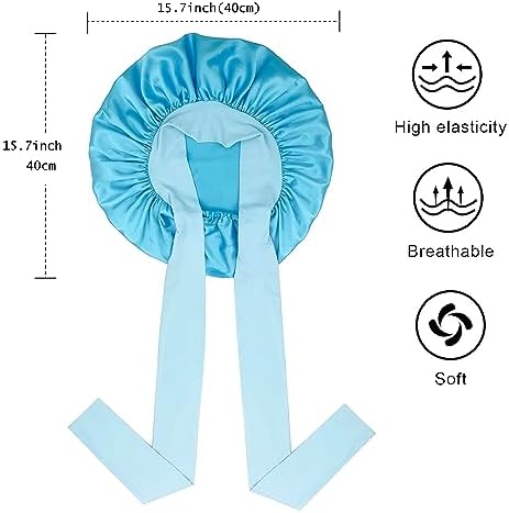 Satin Silk Hair Bonnet for Sleeping Large Bonnets with Tie Band Wrap with Adjustable Straps Night Sleep Caps for Women Curly Braid Hair Sky Blue - Image 3
