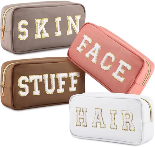 Remerry 4 Pcs Nylon Makeup Bags Waterproof Spacious Travel Cosmetic Bag for Women Chenille Letter Preppy Zipper Pouch Face Stuff Skin Hair Organizer Gift(Multicolor) by Remerry